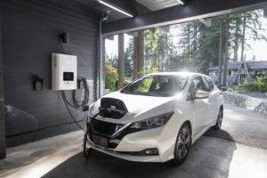 Electric Vehicle being charged in a garage