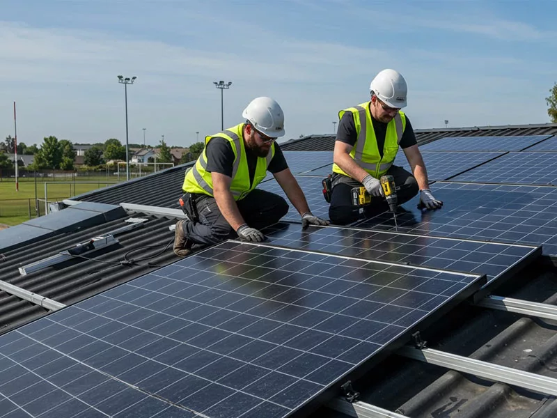 Installing Solar Panels on Sports Club Roof - Celtic Green Energy Sports Wales Energy Grant