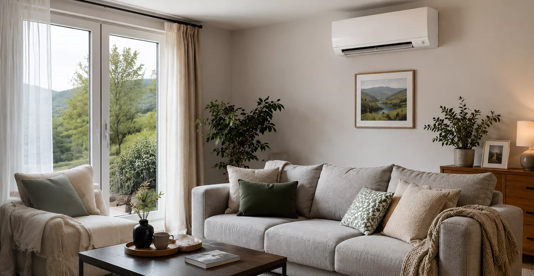 Wall mounted air-to-air heat pump in a modern Welsh living room